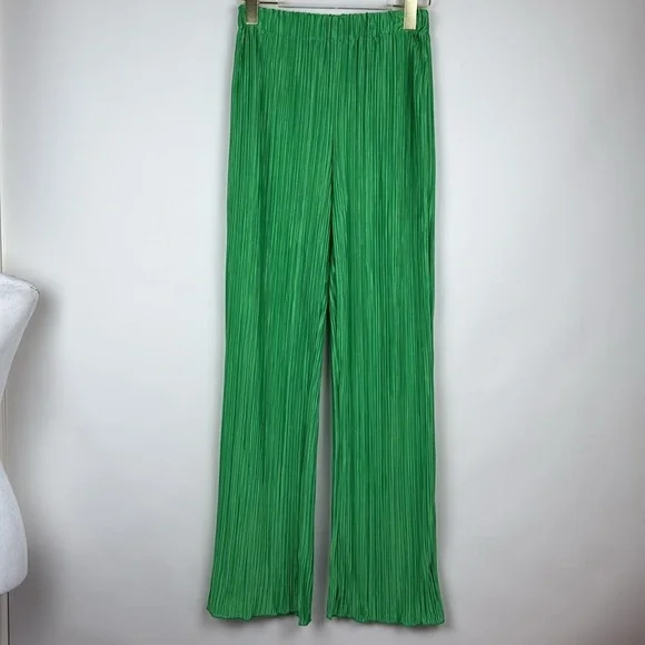 2 Piece Set Pleated Long Sleeve Loose Fit Button Down Shirt Wide Leg Pants Green - Picture 9 of 12